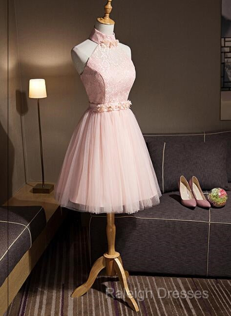 Light Pink Halter Tulle And Lace Lovely Knee Length Formal Dress, Cute Party Dress, Pink Prom Dresses