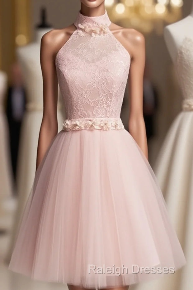 Light Pink Halter Tulle And Lace Lovely Knee Length Formal Dress, Cute Party Dress, Pink Prom Dresses Main image