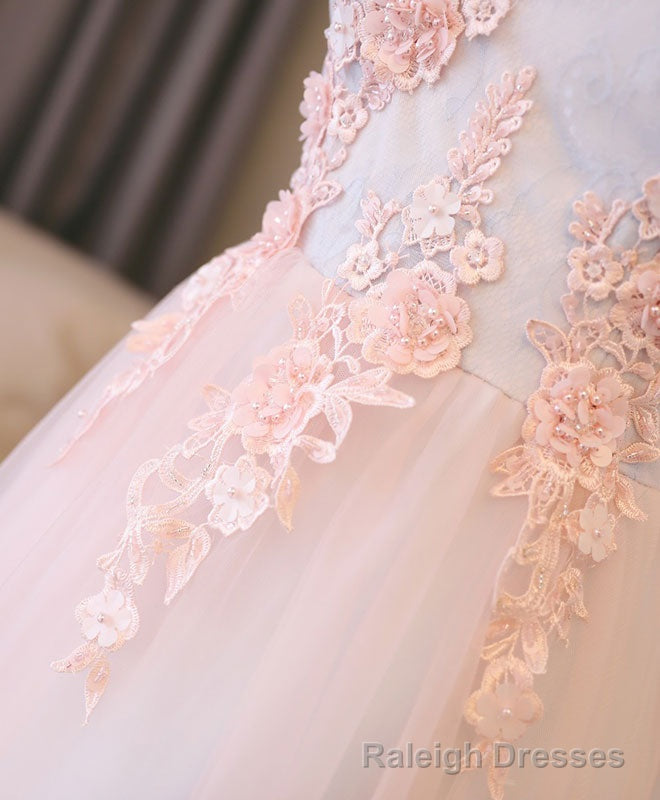 Light Pink Lace Off Shoulder Long Prom Dress, Pink Evening Dress