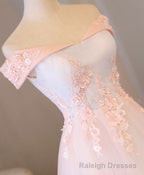 Light Pink Lace Off Shoulder Long Prom Dress, Pink Evening Dress