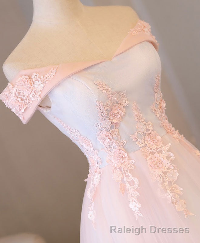 Light Pink Lace Off Shoulder Long Prom Dress, Pink Evening Dress