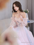 Light Pink Off Shoulder A-Line Tulle Prom Dresses With Lace Pink Prom Dresses