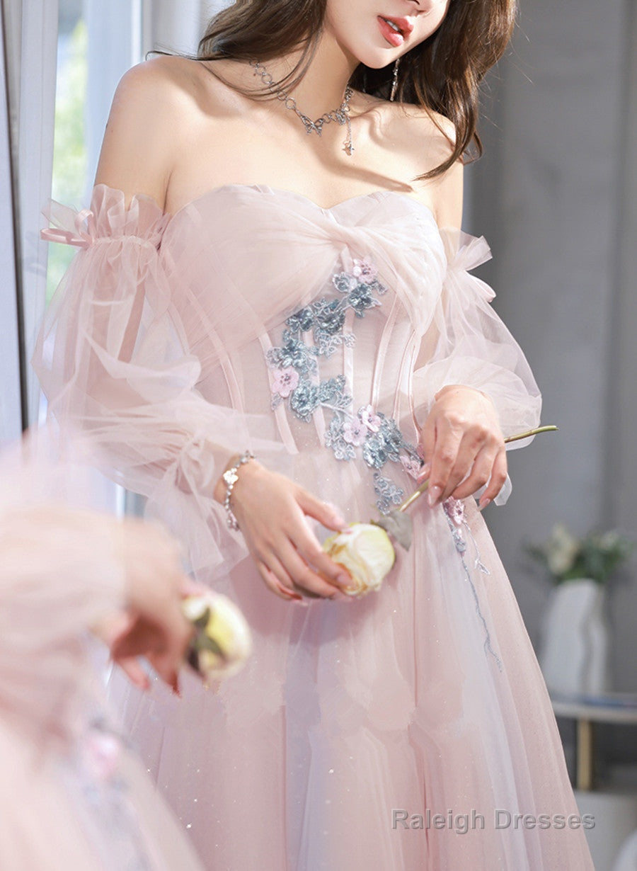 Light Pink Off Shoulder A-Line Tulle Prom Dresses With Lace Pink Prom Dresses
