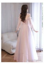 Light Pink Off Shoulder A-Line Tulle Prom Dress With Lace, Pink Formal Dress