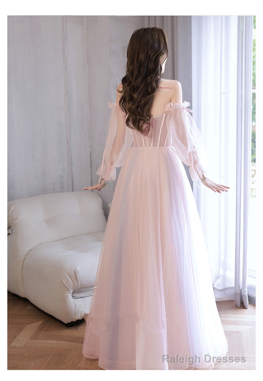 Light Pink Off Shoulder A-Line Tulle Prom Dresses With Lace Pink Prom Dresses