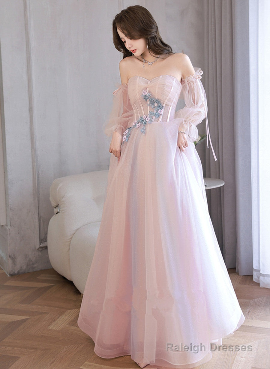 Light Pink Off Shoulder A-Line Tulle Prom Dress With Lace, Pink Formal Dress Main image