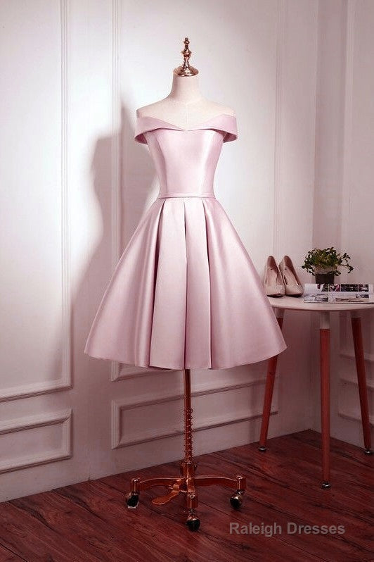 Light Pink Off Shoulder Knee Length Bridesmaid Dress, Pink Satin Homecoming Dress Secondary image