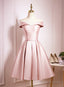 Light Pink Off Shoulder Knee Length Bridesmaid Dress, Pink Satin Homecoming Dress
