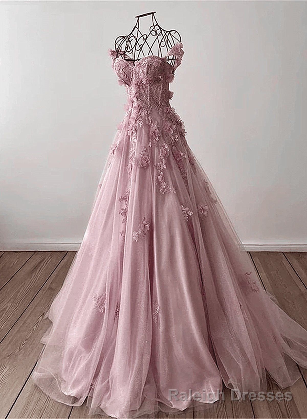 Light Pink Off Shoulder Tulle Floral Prom Dress, A Line Pink Tulle Prom Dress Main image