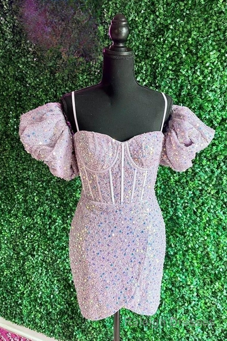 Light Pink Puff Sleeves Sequins Sheath Homecoming Dress Cocktail Secondary image