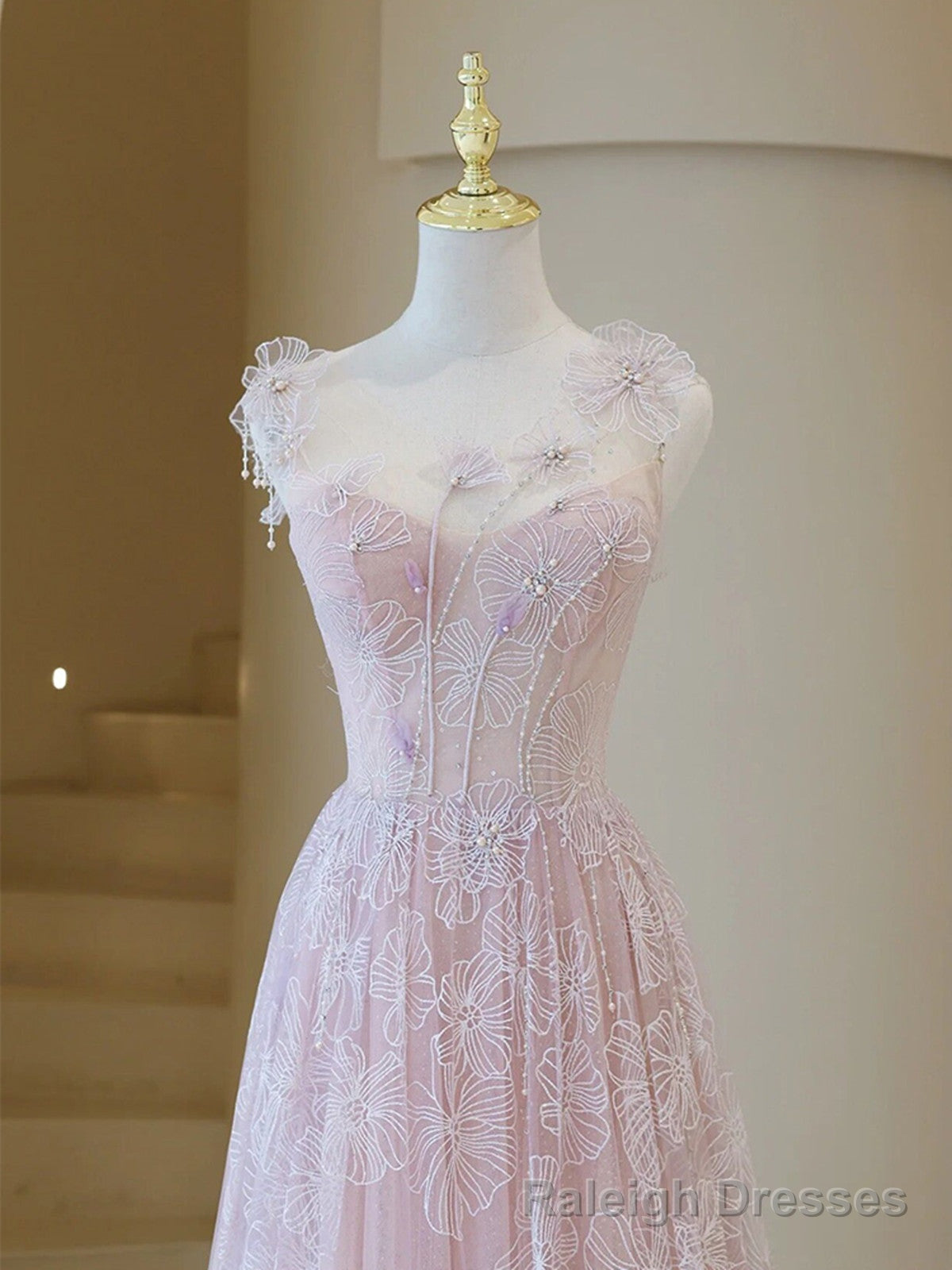 Light Pink Round Neckline Lace Long Prom Dress, A Line Pink Floor Length Prom Dress
