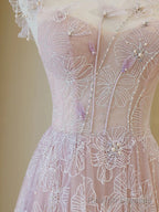 Light Pink Round Neckline Lace Long Prom Dress, A Line Pink Floor Length Prom Dress