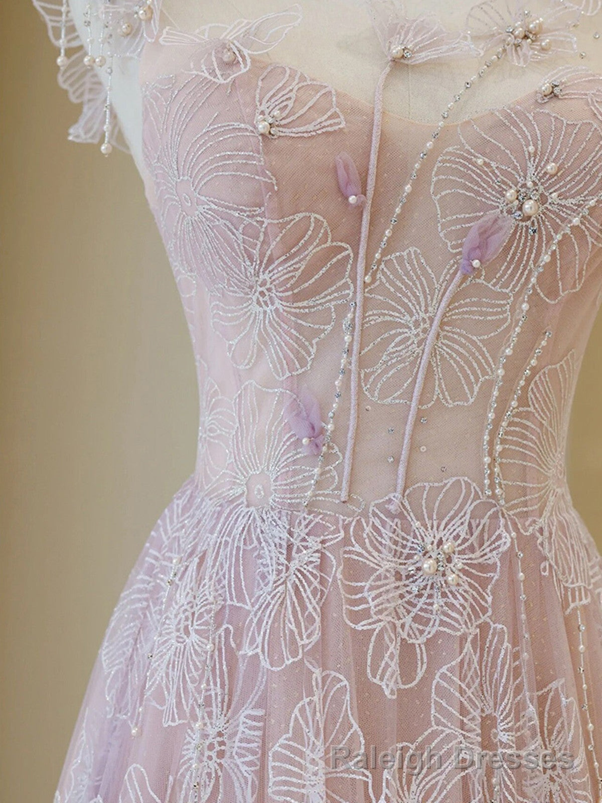 Light Pink Round Neckline Lace Long Prom Dress, A Line Pink Floor Length Prom Dress
