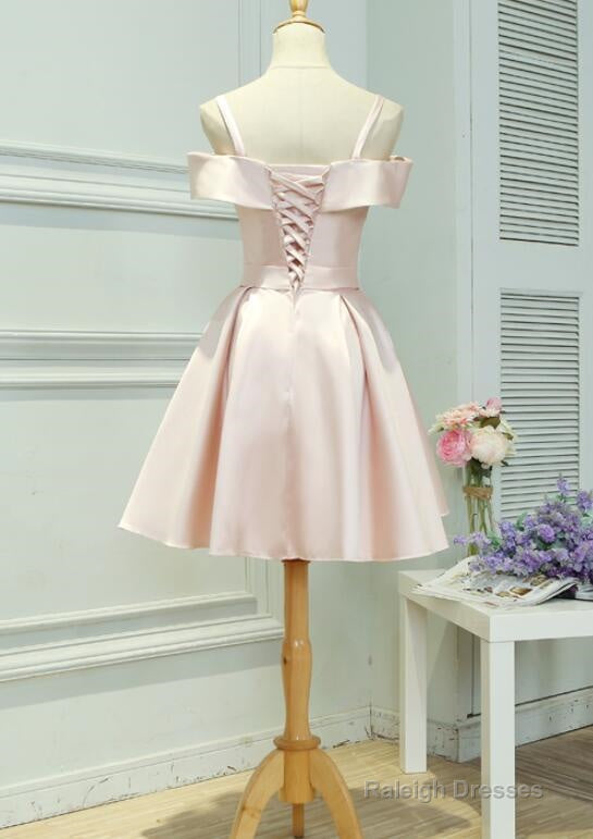 Light Pink Satin Knee Length Off Shoulder Party Dress, Short Pink Homecoming Dress Secondary image