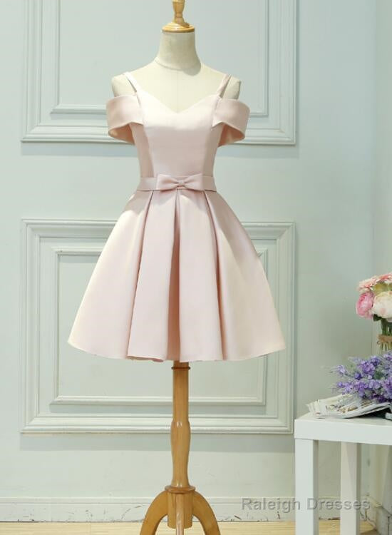 Light Pink Satin Knee Length Off Shoulder Party Dress, Short Pink Homecoming Dress Main image