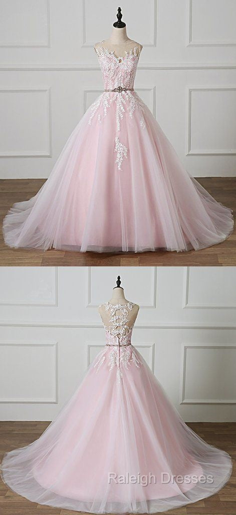 Light Pink Scoop Neck Lace Applique Formal Prom Dress, Beaded Wedding Dress