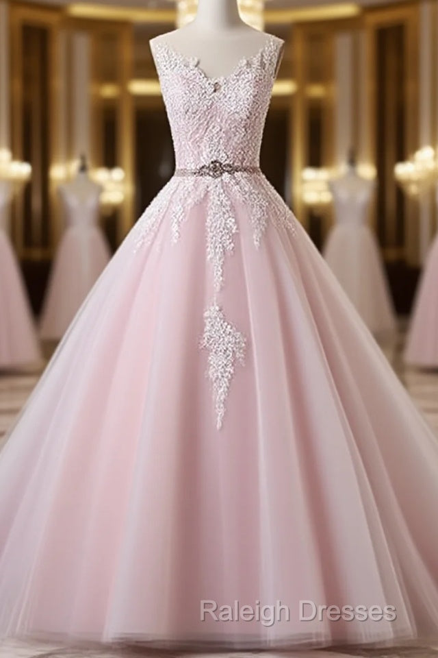 Light Pink Scoop Neck Lace Applique Formal Prom Dress, Beaded Wedding Dress