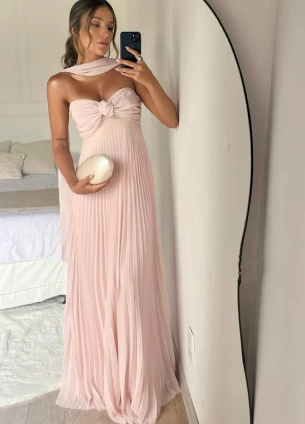 Light Pink Strapless Chiffon Prom Dresses Long Prom Dresses