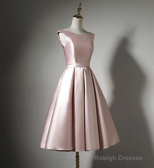 Light Pink Tea Length Satin Wedding Party Dress, Pink Evening Party Dress, Homecoming Dresses
