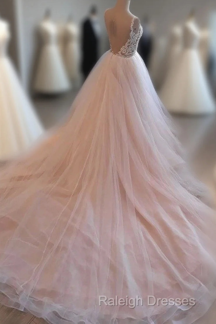 Light Pink Tulle Lace Long Prom Dress, Wedding Dress