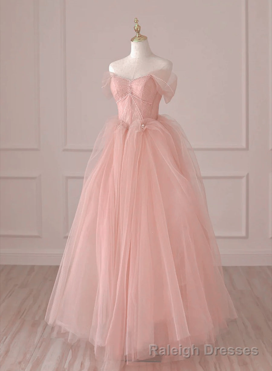 Light Pink Tulle Off Shoulder Lace and Beaded Prom Dress, Pink Formal Dress Main image