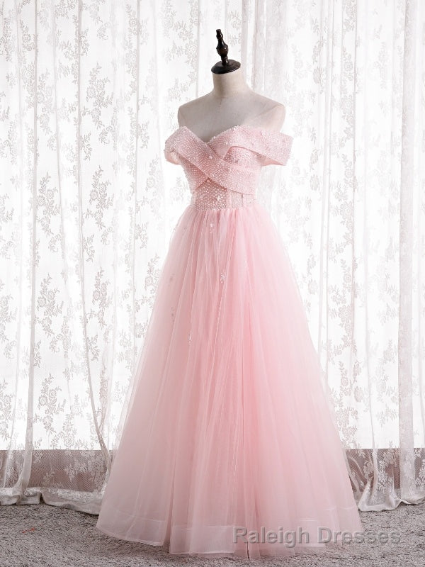 Light Pink Tulle Off the Shoulder Beading Prom Dress Main image
