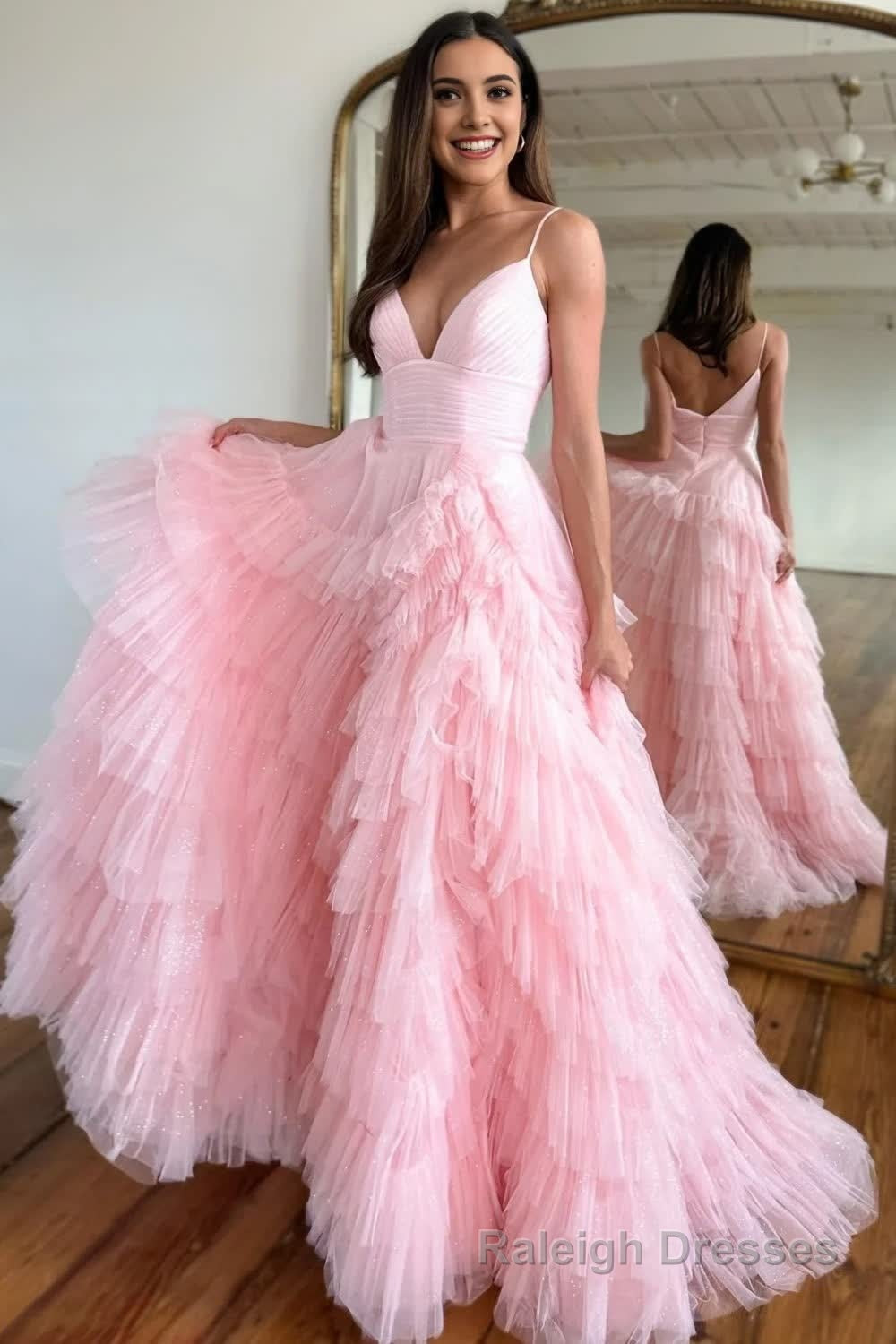Light Pink Tulle Tiered A Line Long Prom Dress Main image