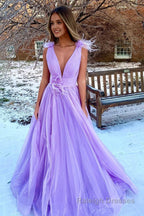 Light Pink V Neck Backless Tulle Long Prom Dress