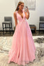 Light Pink V-Neck Backless Tulle Long Prom Dress