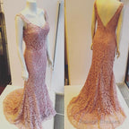 Light Pink V-Neck Open Back Lace Mermaid Prom Dress