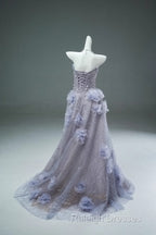 Light Purple A-Line Off-The-Shoulder Tulle Sequin Long Prom Dress, Sweet Appliqu Beaded Evening Dress
