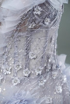 Light Purple A-Line Off-The-Shoulder Tulle Sequin Long Prom Dress, Sweet Appliqu Beaded Evening Dress