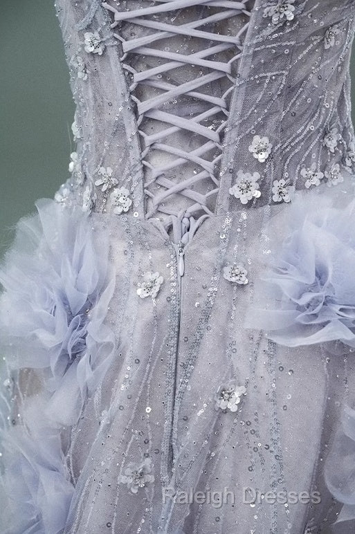 Light Purple A-Line Off-The-Shoulder Tulle Sequin Long Prom Dress, Sweet Appliqu Beaded Evening Dress