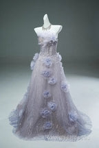 Light Purple A-Line Off-The-Shoulder Tulle Sequin Long Prom Dress, Sweet Appliqu Beaded Evening Dress