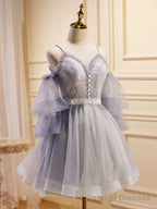 Light Purple A Line Tulle Lace Short Prom Dresses, Light Purple Homecoming Dresses