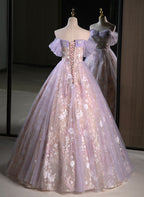 Light Purple A-Line Tulle With Floral Long Prom Dress, Light Purple Evening Dress Party Dress