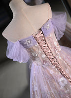 Light Purple A Line Tulle with Floral Long Prom Dress, Light Purple Prom Dress