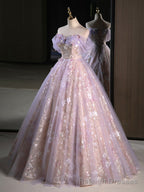 Light Purple A Line Tulle with Floral Long Prom Dress, Light Purple Prom Dress