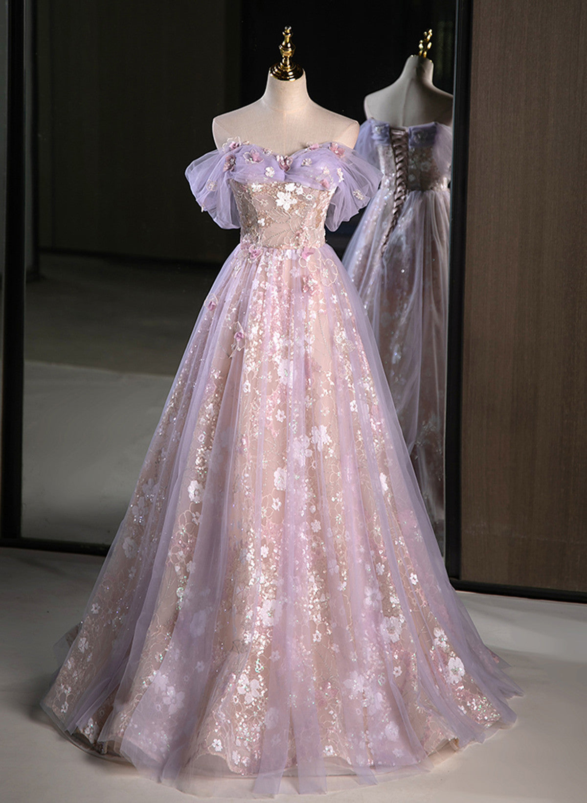 Light Purple A-Line Tulle With Floral Long Prom Dress, Light Purple Evening Dress Party Dress Main image