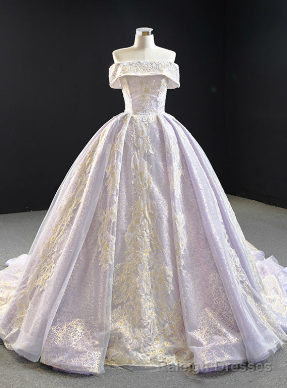 Light Purple Ball Gowns Tulle Lace Appliques Off the Shoulder Prom Dress