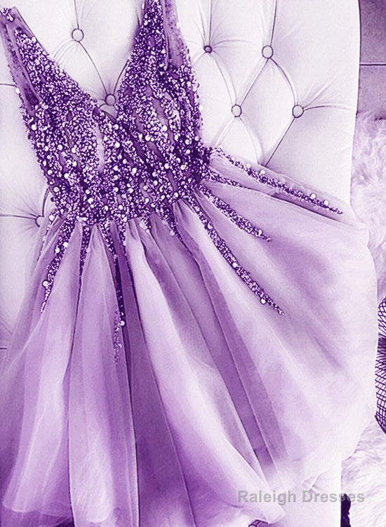 Light Purple Beaded V-Neckline Tulle Short Homecoming Dress, Tulle Short Prom Dress Secondary image