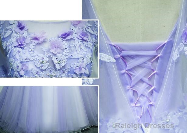 Light Purple Charming Tulle Sweet 16 Gowns With Lace Flowers Prom Dresses