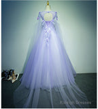 Light Purple Charming Tulle Sweet 16 Gowns With Lace Flowers Prom Dresses