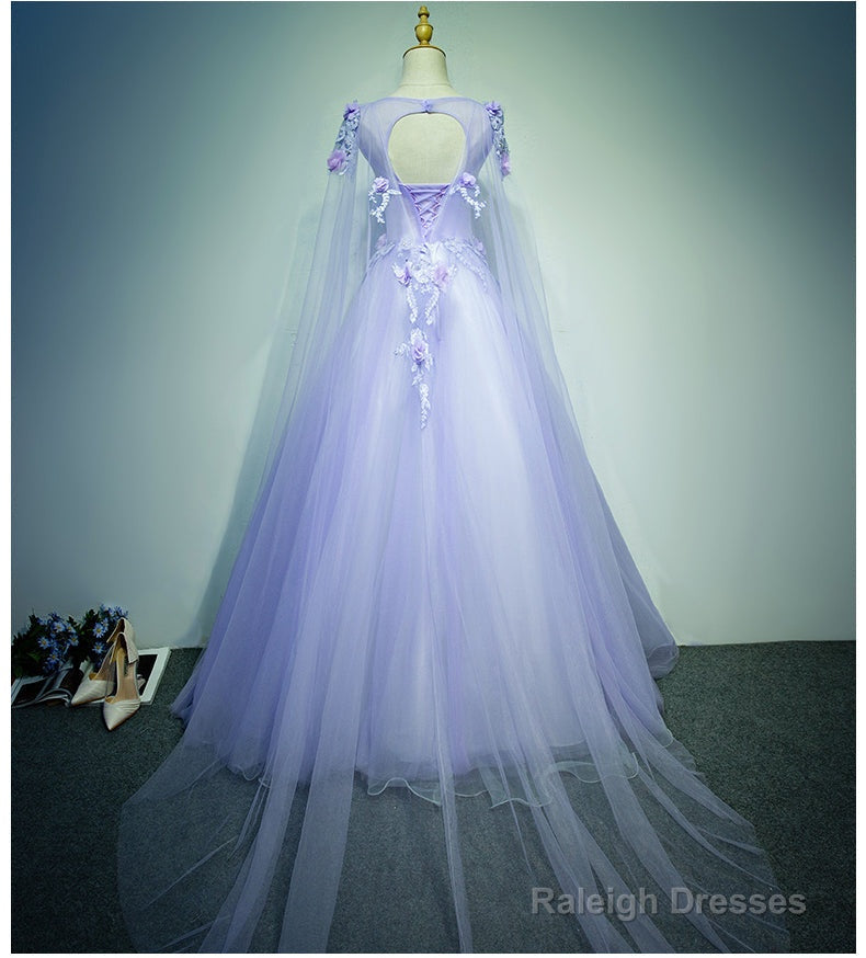Light Purple Charming Tulle Sweet 16 Gowns With Lace Flowers Prom Dresses