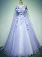 Light Purple Charming Tulle Sweet 16 Gowns With Lace Flowers Prom Dresses