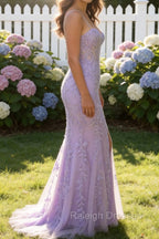 Light Purple Corset Sweetheart Long Lace Mermaid Prom Dress with Slit