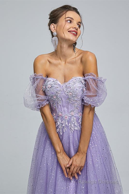 Light Purple Lace And Sequins Tulle Off The Shoulder Floor Length Dresses Main image