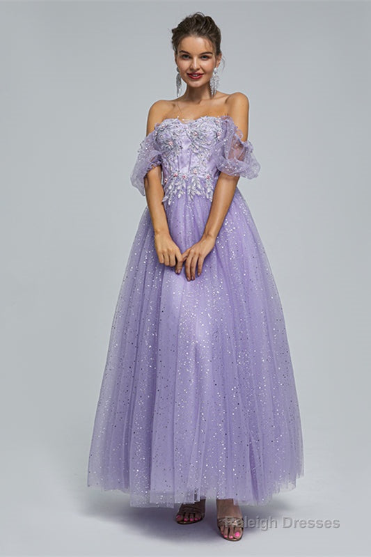 Light Purple Lace And Sequins Tulle Off The Shoulder Floor Length Dresses Secondary image