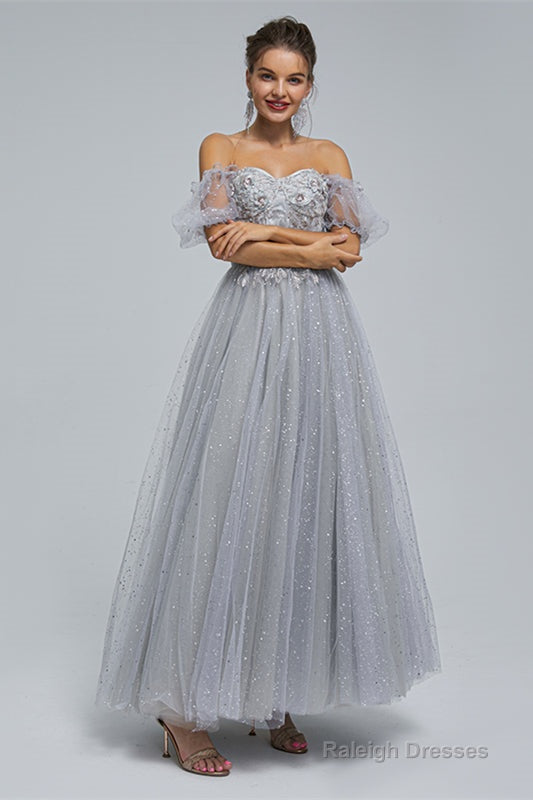 Light Purple Lace And Sequins Tulle Off The Shoulder Floor Length Dresses
