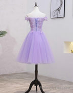 Light Purple Lace And Tulle Off The Shoulder Homecoming Dress, Short Prom Dress